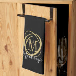 Elegant Stylish Monogram Script Name Black Gold Kitchen Towel<br><div class="desc">Elegant, stylish kitchen towel personalized with a decorative monogram or initial in gold with a chic handwritten script name in white against an editable black background. CHANGES: Change the background color, choose a style graphic background or change the text font style, color, size and placement by clicking on CUSTOMIZE FURTHER...</div>