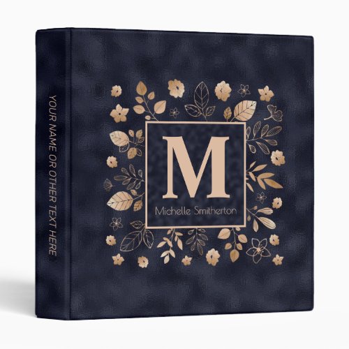 Elegant Stylish Navy Blue Gold Leaves Monogram  3  3 Ring Binder