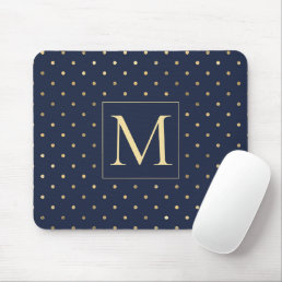 Elegant Stylish Navy Blue Gold Polka Dots Monogram Mouse Pad
