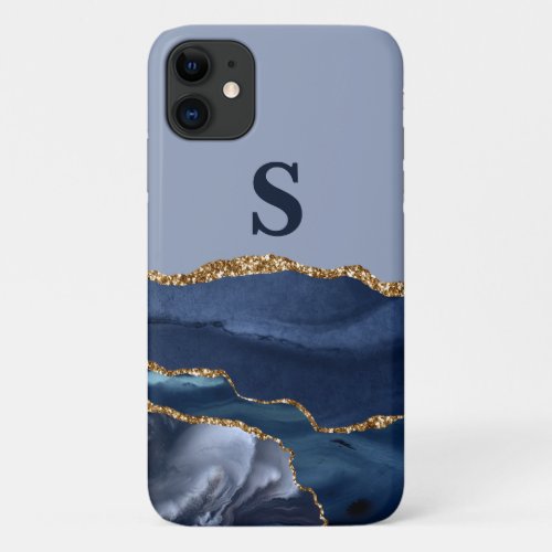 Elegant Stylish Navy Blue Marble Gold Monogram iPhone 11 Case