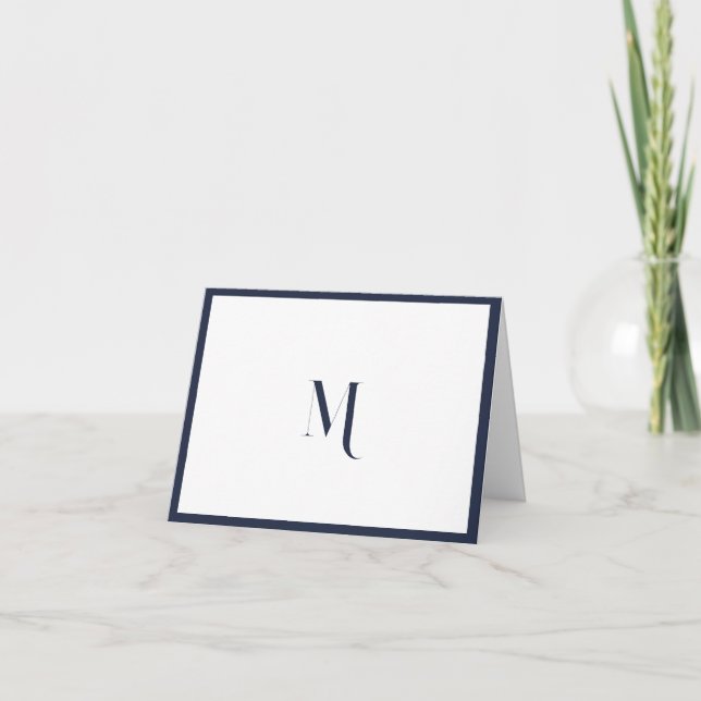 Elegant Stylish Navy Blue Monogram Initial Border Note Card (Front)