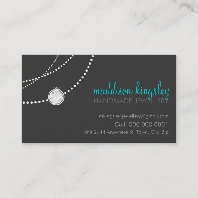 elegant stylish necklace solitaire grey aqua blue business card (Front)