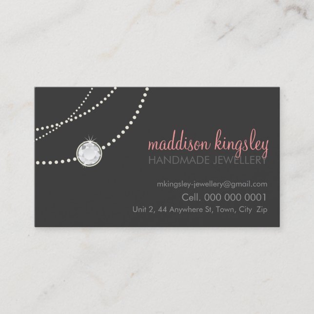 elegant stylish necklace solitaire grey coral pink business card (Front)