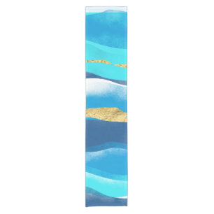 Elegant Stylish Ocean Waves Blue Gold Watercolor  Short Table Runner