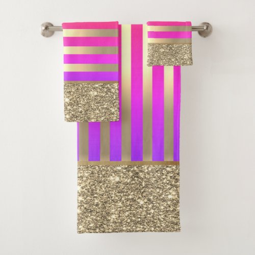 Elegant Stylish Ombre Gold Stripes Glitter Shiny Bath Towel Set