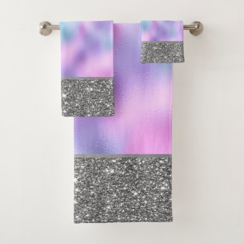 Elegant Stylish Ombre Iridescent Glitter Shiny Bath Towel Set