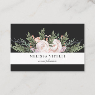 Elegant Stylish Painted Boho Flowers   Black Business Card
