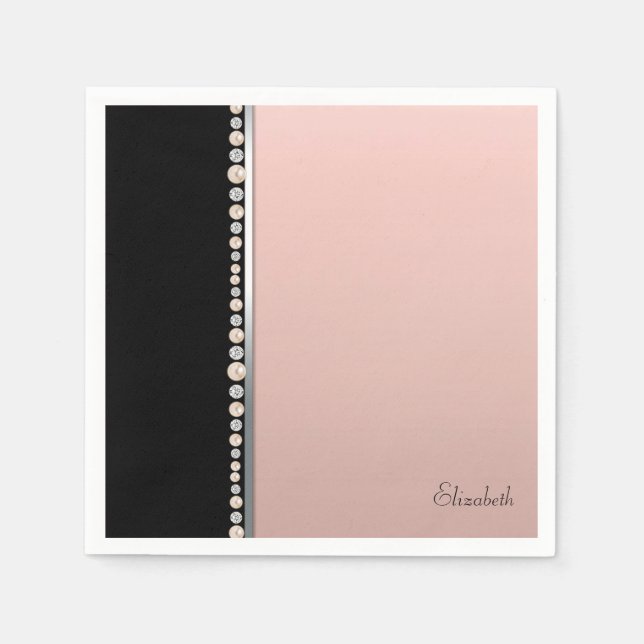 Elegant Stylish Pearls Diamonds Black Pink Napkins (Front)