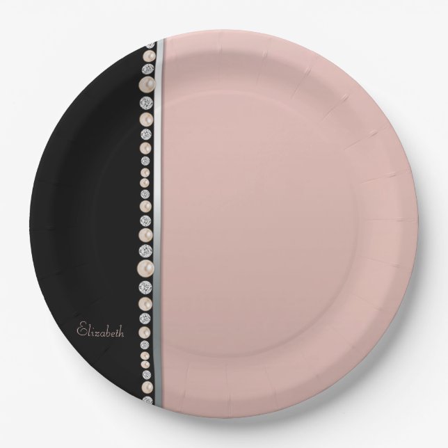 Elegant Stylish Pearls Diamonds Black Pink Paper Plates (Front)