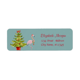 Elegant,Stylish Pine Tree,Flamingo With Santa Hat Label