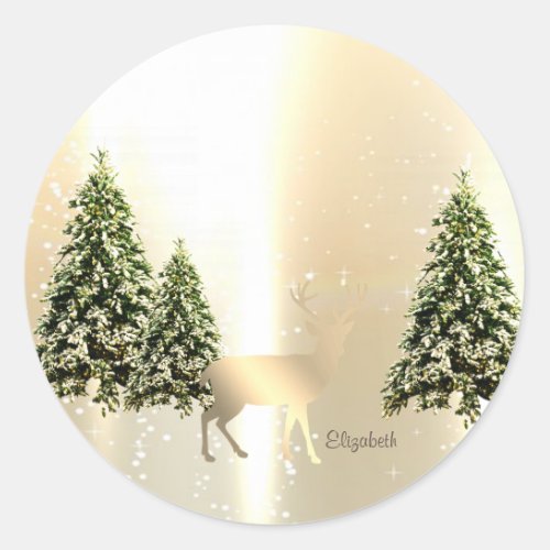 ElegantStylish Pine TreesChristmas Reindeer  Classic Round Sticker