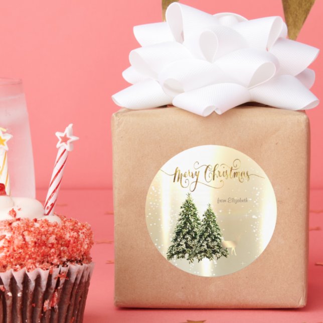 Elegant Stylish Pine Trees Christmas Reindeer  Classic Round Sticker (Party)