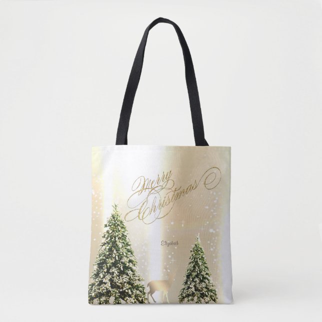 Elegant,Stylish Pine Trees,Christmas Reindeer   Tote Bag (Front)