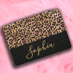 Elegant Stylish Pink Black Gold Leopard Name   iPad Pro Cover<br><div class="desc">Elegant and stylish pink,  gold,  and black leopard print iPad Pro cover personalized with your name in a modern script font.</div>