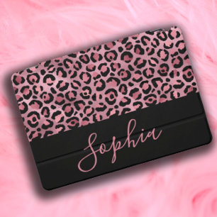 Elegant Stylish Pink Black Leopard Print Name iPad Pro Cover