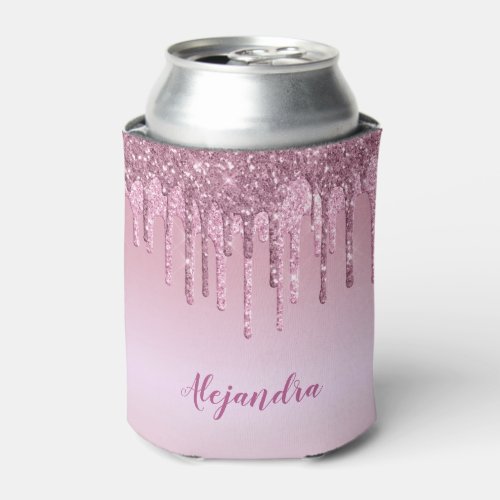 Elegant stylish pink rose gold glitter drips can cooler