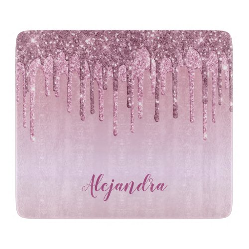 Elegant stylish pink rose gold glitter drips cutting board