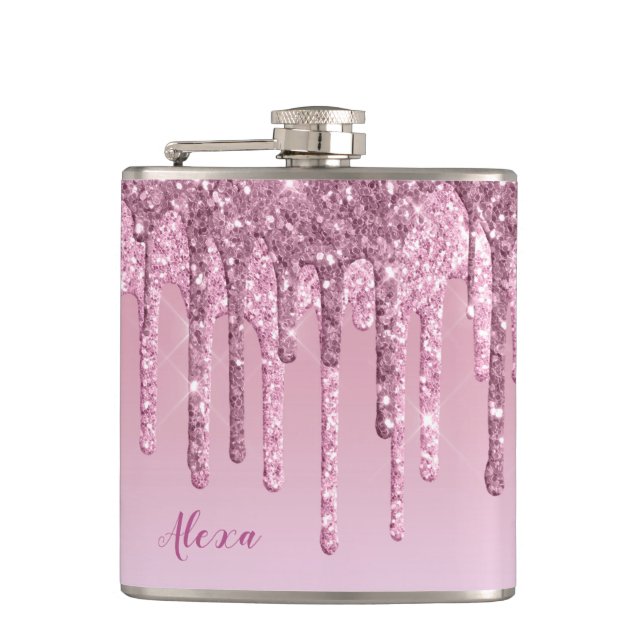 Elegant stylish pink rose gold glitter drips flask (Front)