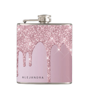 Elegant stylish pink rose gold glitter drips flask