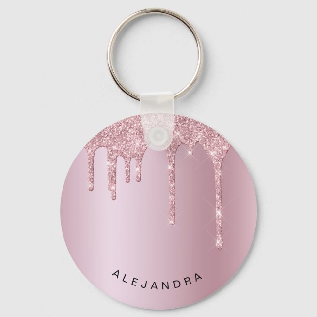 Elegant stylish pink rose gold glitter drips keychain (Front)