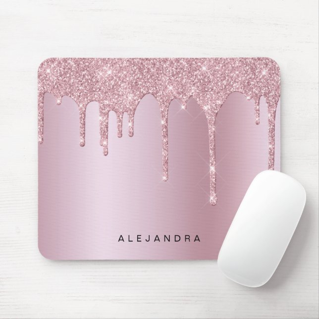 Elegant stylish pink rose gold glitter drips mouse pad (With Mouse)
