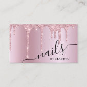 Elegant stylish pink rose gold glitter drips nails business card (Front)