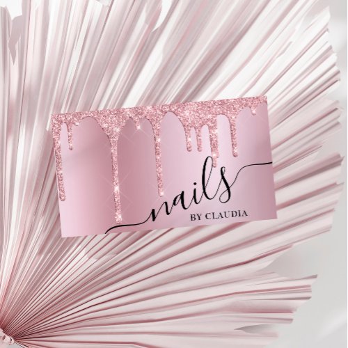 Elegant stylish pink rose gold glitter drips nails business card