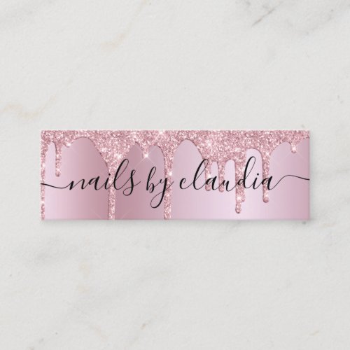 Elegant stylish pink rose gold glitter drips nails mini business card