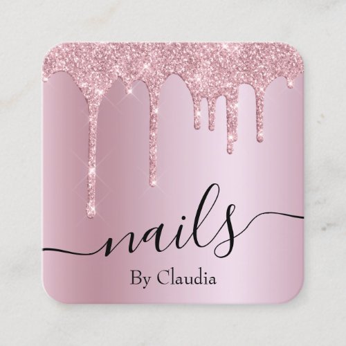 Elegant stylish pink rose gold glitter drips nails square business card