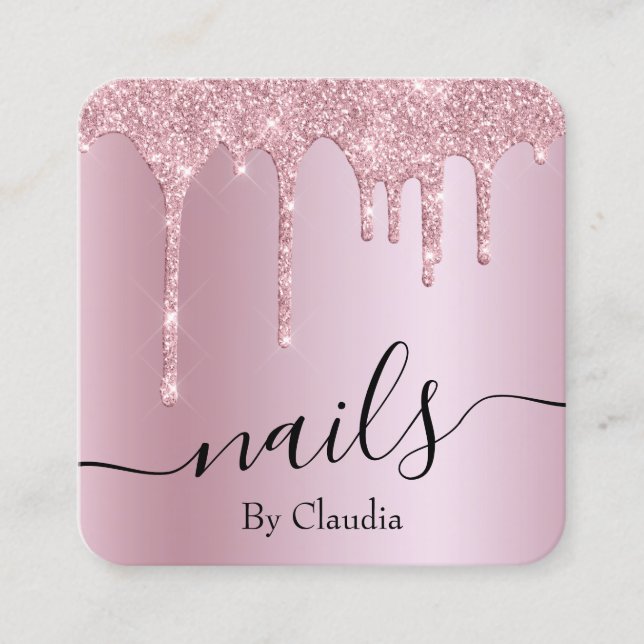 Elegant stylish pink rose gold glitter drips nails square business card (Front)