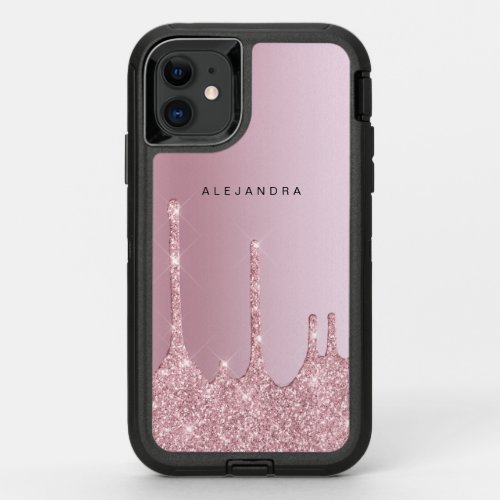 Elegant stylish pink rose gold glitter drips OtterBox defender iPhone 11 case