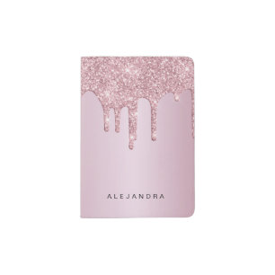 Elegant stylish pink rose gold glitter drips passport holder