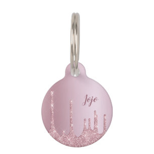 Elegant stylish pink rose gold glitter drips pet ID tag