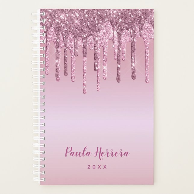 Elegant stylish pink rose gold glitter drips planner (Front)