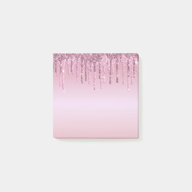 Elegant stylish pink rose gold glitter drips post-it notes (Front)