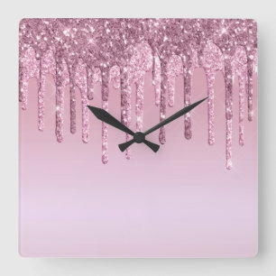 Elegant stylish pink rose gold glitter drips square wall clock
