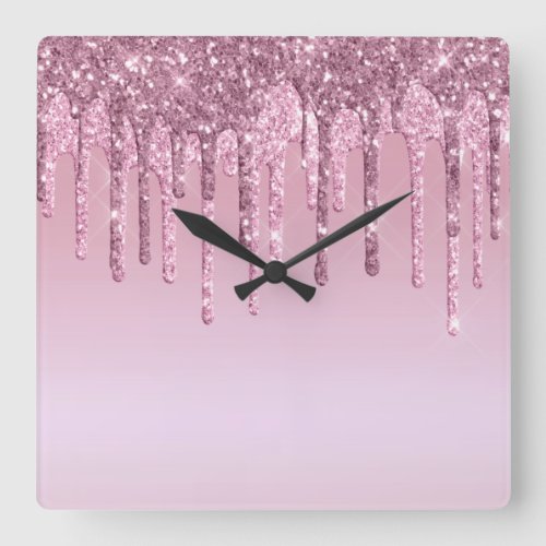 Elegant stylish pink rose gold glitter drips square wall clock