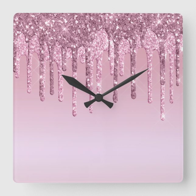 Elegant stylish pink rose gold glitter drips square wall clock (Front)
