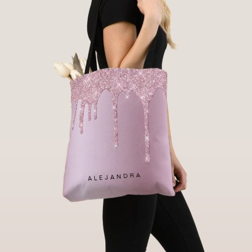 Elegant stylish pink rose gold glitter drips tote bag