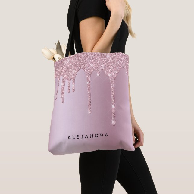 Elegant stylish pink rose gold glitter drips tote bag (Close Up)