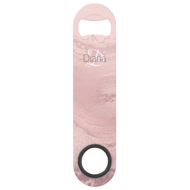 Elegant stylish pink rose gold glitter marble bar key (Front)
