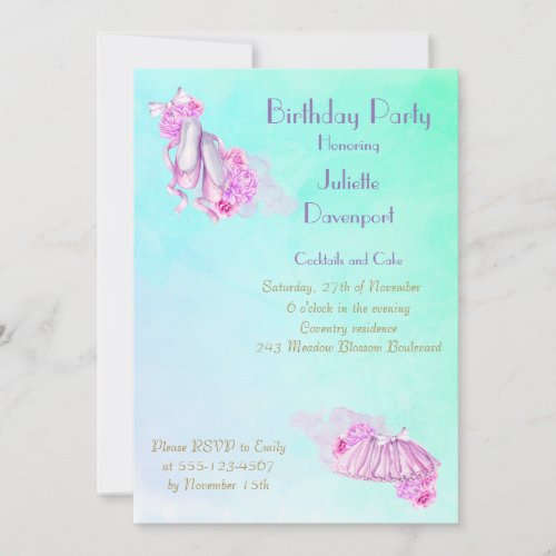 Elegant Stylish Pink Watercolor Ballet Birthday Invitation