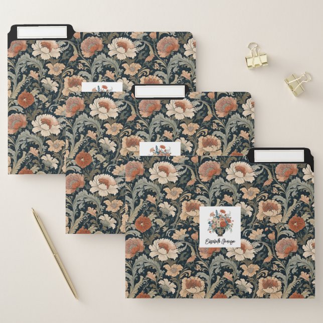 Elegant Stylish Pretty Dark Floral Pattern File Folder (Set)