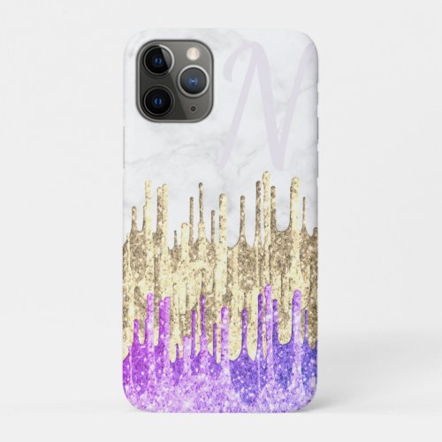 Elegant stylish pretty glitter drips white marble iPhone 11 pro case