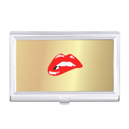 Elegant Stylish Proffesional Faux Gold_Red Lips Case For Business Cards