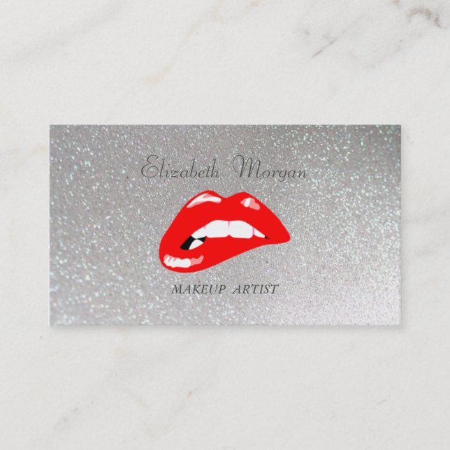 Elegant Stylish Proffesional Silver Glitter-Lips Business Card (Front)