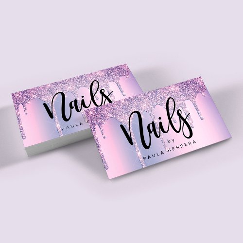 Elegant stylish purple glitter drips nails  business card