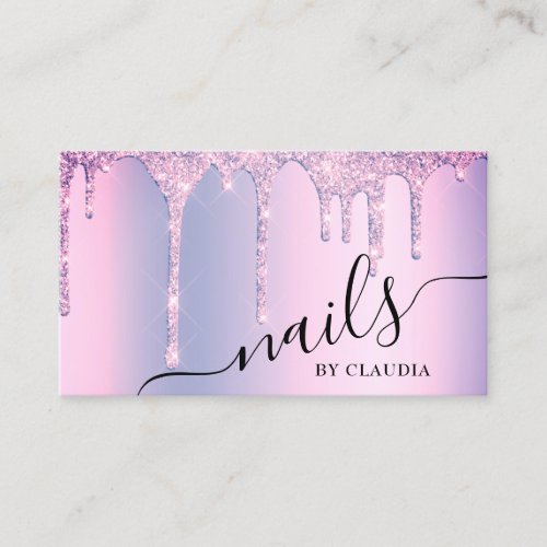 Elegant stylish purple glitter drips nails business card