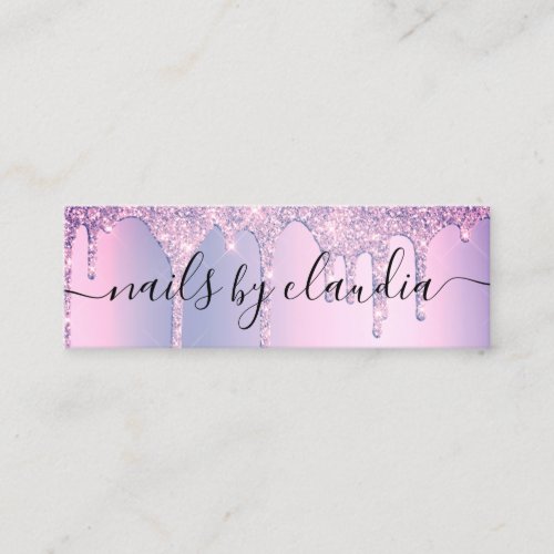 Elegant stylish purple glitter drips nails mini business card