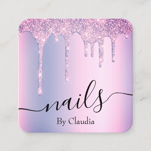 Elegant stylish purple glitter drips nails square business card